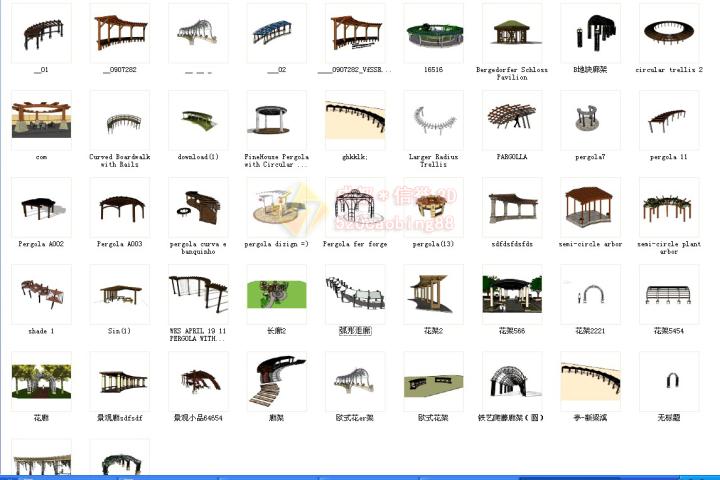 苏宁别墅图纸方弧圆条长花廊架sketchup组件模型库素材图大师设计客户