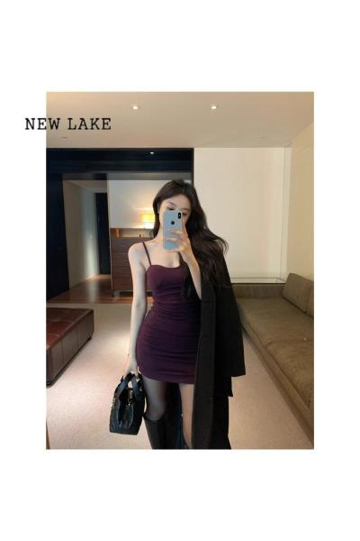 NEW LAKE法式气质辣妹性感紫色吊带连衣裙女夏季带胸垫收腰紧身包臀短裙子