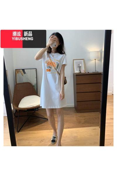 YIBUSHENG季大码宽松显瘦遮肚过膝连衣裙女中长款胖mm港味chic短袖T恤裙