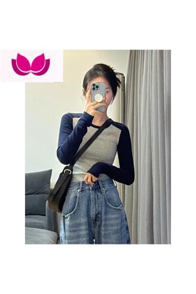 七斓长袖美式复古正肩t恤女装春季内搭打底衫辣妹修身短款上衣设计感