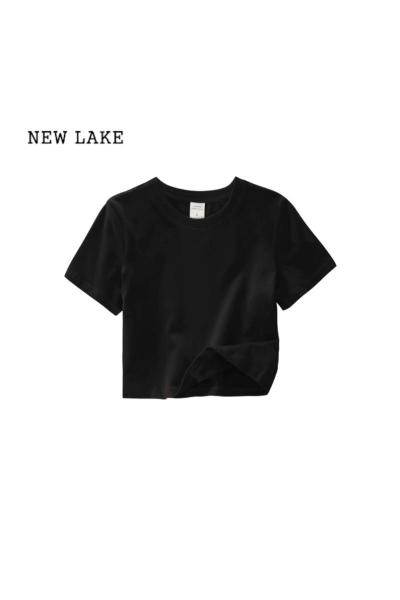NEW LAKE美式复古黑色正肩短袖t恤女夏天穿搭法式掐腰小衫甜辣紧身短上衣