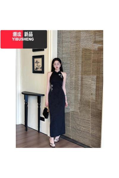 YIBUSHENG一尧[连理枝]新中式提花复古刺绣连衣裙女黑色衬衫情侣款