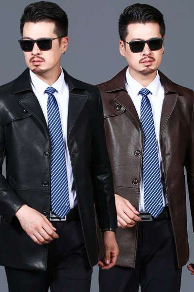 免费试穿 春秋装防水皮风衣男外套时尚西装领短款大衣后中开叉修身中长款皮衣2024冬装新款外套潮海宁软皮夹克大码男装