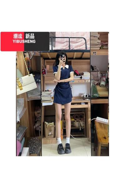 YIBUSHENG设计感小众甜辣风V领显瘦连衣裙女季2024新款收腰短袖POLO短裙