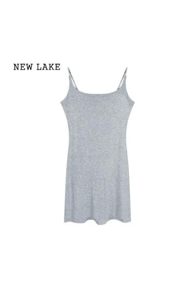 NEW LAKE复古灰色性感吊带连衣裙女夏季新款收腰显瘦裙子休闲辣妹包臀长裙