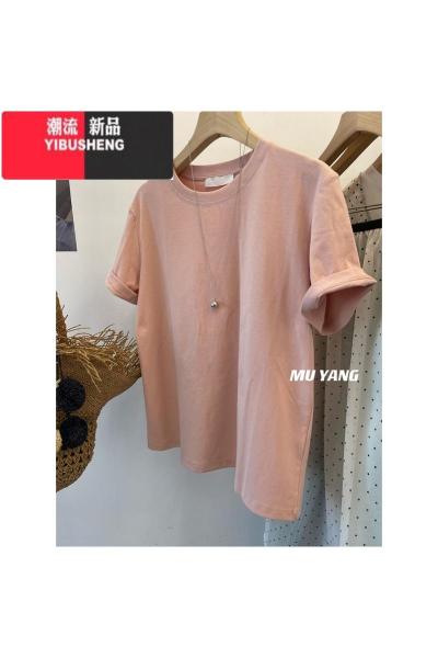 YIBUSHENG韩系正肩基础圆领短袖t恤女2024新款季大码宽松减龄百搭上衣ins