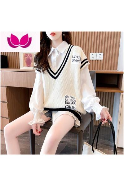 七斓小清新V领背心设计感小众衬衫套装女秋学院风针织马甲上衣套