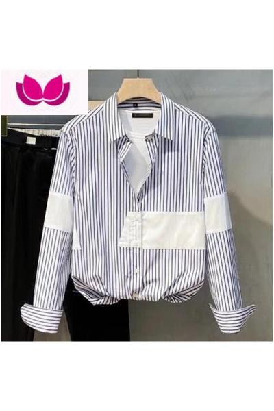 七斓新款男士竖条纹长袖韩版拼接潮流韩版感帅气休闲2023衬衫上衣