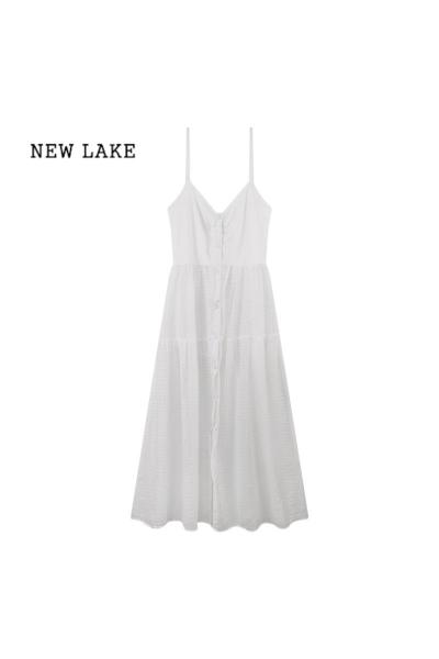 NEW LAKE海边度假风透纱叠穿吊带连衣裙女装春季新款白色开叉a字中长裙子