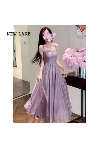 NEW LAKE法式紫色雪纺吊带连衣裙女夏季高级感气质收腰海边度假仙女长裙子