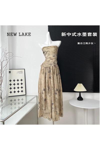 NEW LAKE 新中式气质水墨画长裙子显瘦收腰2024夏季新款国风连衣裙