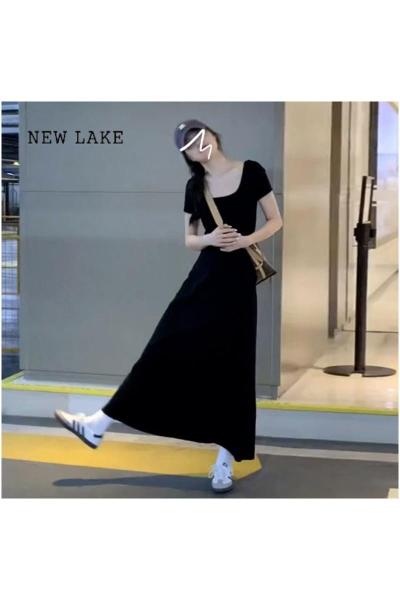 NEW LAKE夏季2024新款方领黑色收腰连衣裙子女茶歇法式赫本风小妈修身长裙