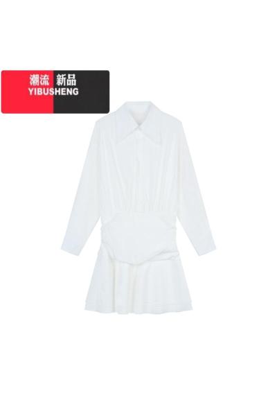 YIBUSHENG白色简约气质翻领长袖衬衫连衣裙女装季新款收腰显瘦A字裙短裙