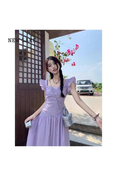 NEW LAKE法式紫色小飞袖连衣裙子女夏季高级感气质收腰显瘦小个子仙女长裙