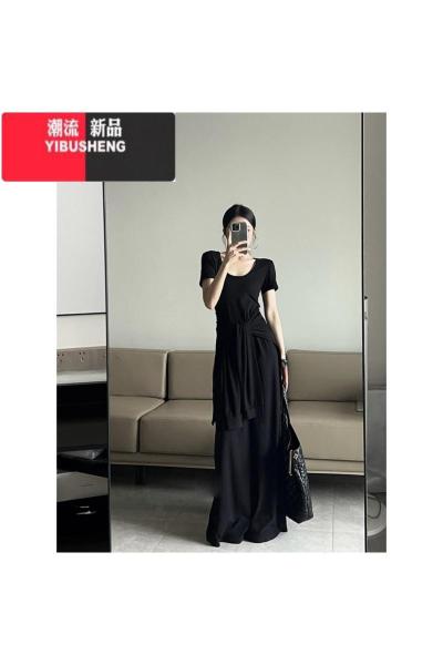YIBUSHENG微胖mm法式慵懒风假两件绑带短袖连衣裙女季新款设计感T恤长裙