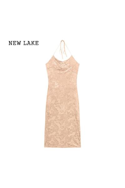 NEW LAKE新中式国风盘扣吊带连衣裙女装夏季绝美提花包臀裙收腰开叉长裙子