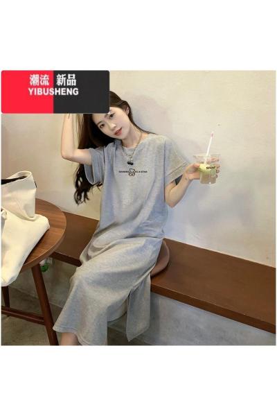 YIBUSHENG大码女装短袖t恤连衣裙季胖mm宽松显瘦长裙小个子过膝裙子