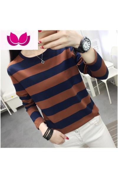 七斓秋装女2023新款长袖早秋季 上衣服学生条纹t恤韩版宽松百搭打底衫