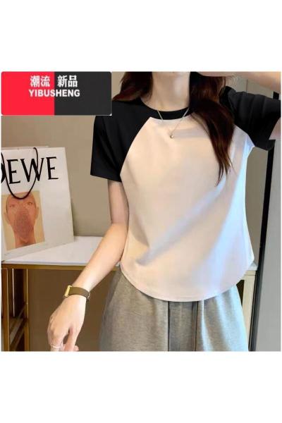 YIBUSHENG时尚插肩短袖t恤女装2024新款修身短款别致上衣设计感小众