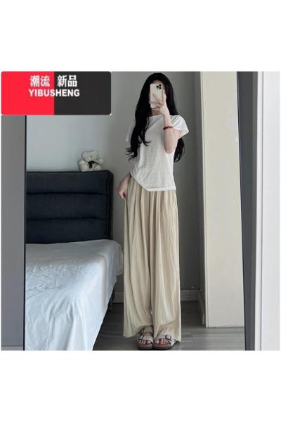 YIBUSHENG湖蓝色冰丝阔腿裤女季高腰垂感休闲日系慵懒风山本裤棉麻休闲裤