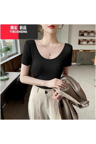 YIBUSHENG黑色莫代尔短袖t恤女2024新款低领u领露背修身上衣薄款穿搭