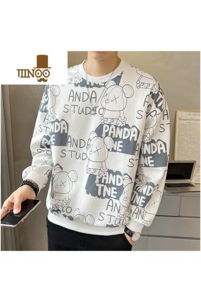 YANXU春装男士卫衣潮牌ins2023新款小熊圆领加绒加厚长袖打底衫