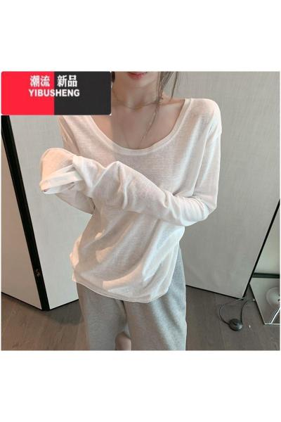 YIBUSHENG低领白色打底衫女内搭薄款春季2024年新款宽松韩版长袖T恤上衣
