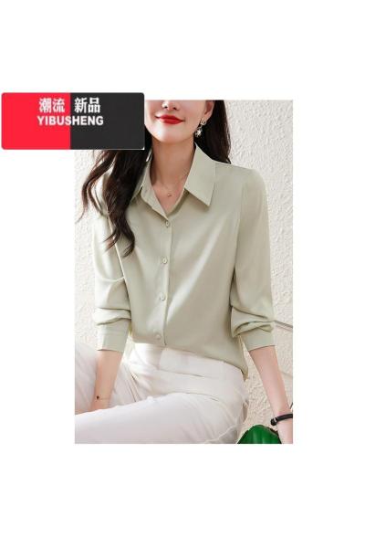 YIBUSHENG2023春秋新款高级感气质缎面职业衬衫女士设计感小众上衣百搭衬衣