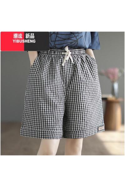 YIBUSHENG大码复古亚麻格子短裤女季2023新款松紧腰薄款休闲裤宽松阔腿裤