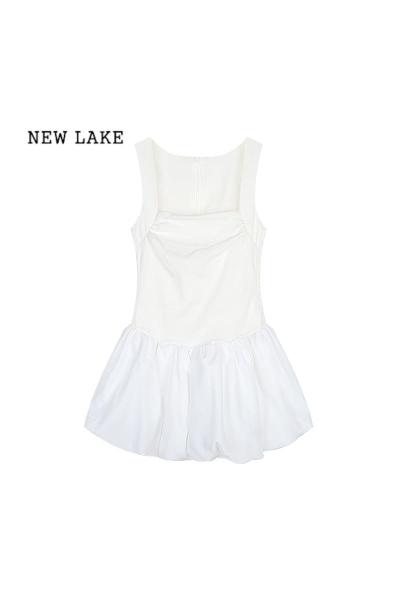 NEW LAKE芭蕾风白色吊带连衣裙女装夏季收腰A字裙显瘦蓬蓬短裙子