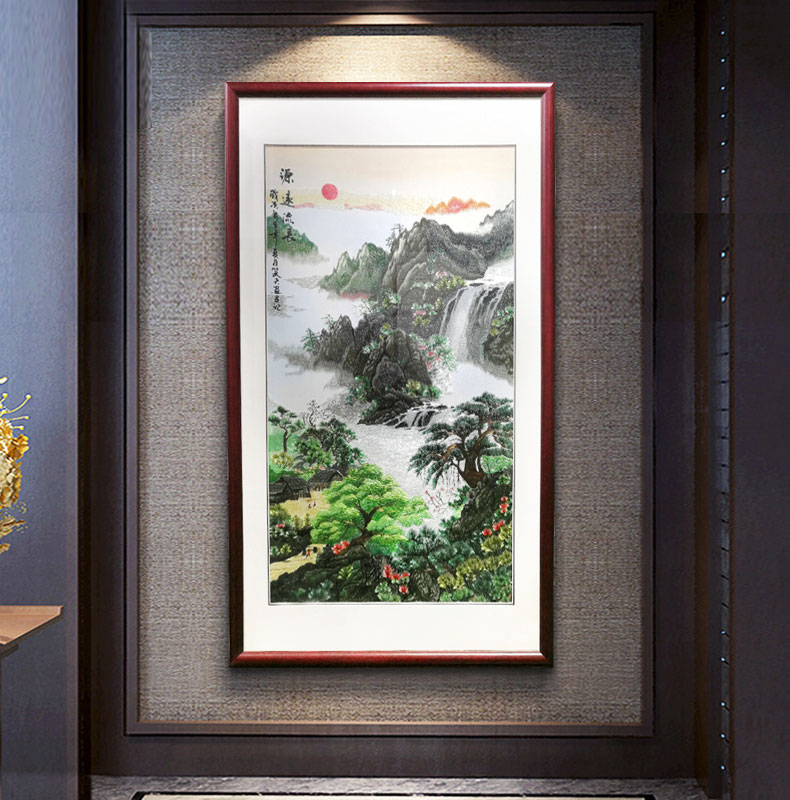 祺匠屋苏绣玄关装饰画湘绣客厅山水画国画源远流长刺绣画带框成品竖版