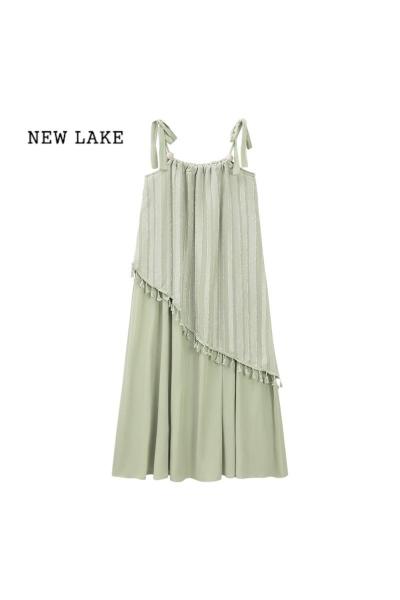 NEW LAKE海边度假风吊带连衣裙女夏季小清新绿色流苏拼接假两件气质长裙子