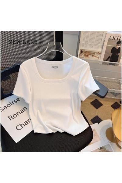 NEW LAKE修身白色纯棉短袖t恤女装夏季2024年新款时尚洋气小个子上衣
