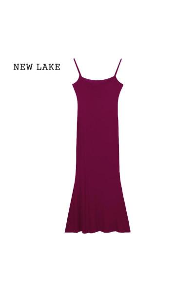 NEW LAKE紫色吊带连衣裙女春季性感小妈长裙修身收腰紧身绝美包臀鱼尾裙子