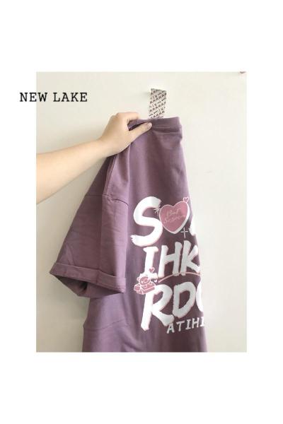 NEW LAKE推荐~正肩短袖t恤女夏季新款独特别致紫色纯棉小众不撞款上衣