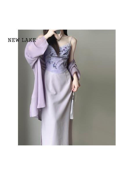NEW LAKE新中式国风女装禅意温柔紫色复古吊带连衣裙春夏长款开衫两件套装