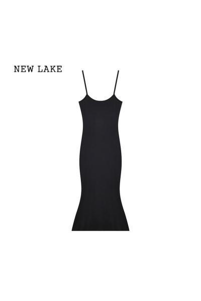 NEW LAKE夏季性感吊带连衣裙修身包臀鱼尾裙小个子气质开叉辣妹黑色长裙女