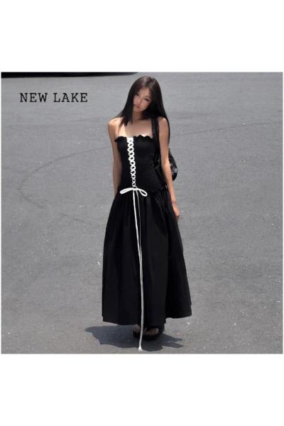 NEW LAKE小众设计感A字连衣裙法式抹胸裙女装夏季绑带收腰长裙显瘦小黑裙