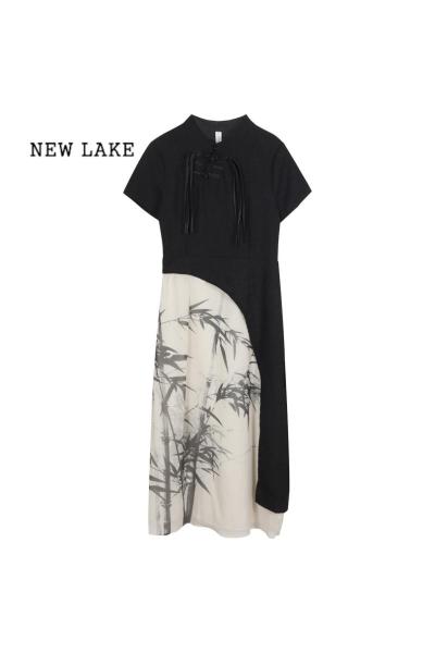 NEW LAKE新中式国风短袖连衣裙女装夏季水墨画改良旗袍裙子高级感气质长裙