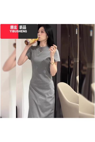 YIBUSHENG2024年新款高级感小个子显高御姐风茶歇法式看灰色t恤连衣裙