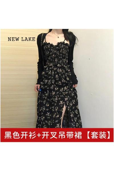 NEW LAKE茶歇法式黑色吊带碎花连衣裙子女夏季2024年新款法式气质长裙套装