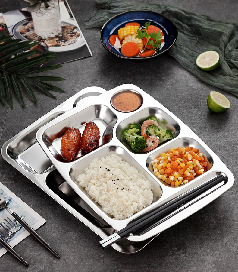 食堂餐盘304不锈钢饭盒饭盘多格分餐盘商用自助餐盘子分格菜盘