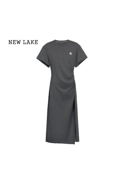 NEW LAKE小众设计感刺绣褶皱灰色短袖连衣裙女夏季开叉修身包臀裙休闲长裙