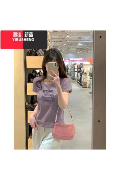 YIBUSHENG紫色正肩短袖t恤女装2024季新款修身洋气减龄港风chic上衣