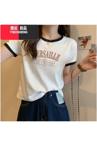 YIBUSHENG美式港风火cec短袖T恤女天韩版修身洋气时尚短款上衣体恤潮