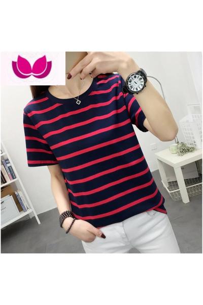 七斓夏季大码女装宽松遮肚子短袖t恤女士半袖体恤妈妈条纹上衣服