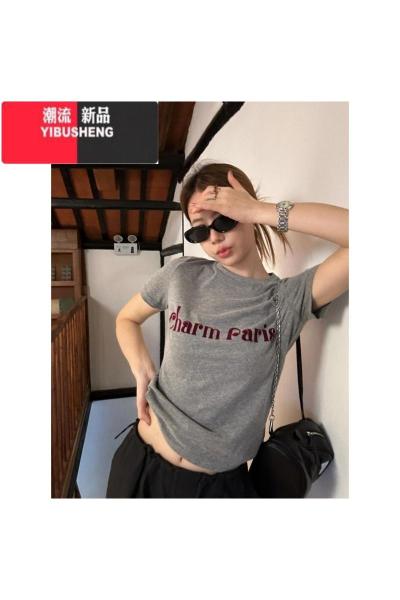 YIBUSHENGChendafei 上衣女2024新款宽松t恤磨毛感透气字母撞色短袖
