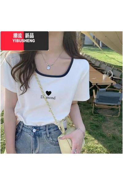 YIBUSHENG正肩方领撞色短袖t恤女季新款设计感独特显瘦多巴胺体恤女印花
