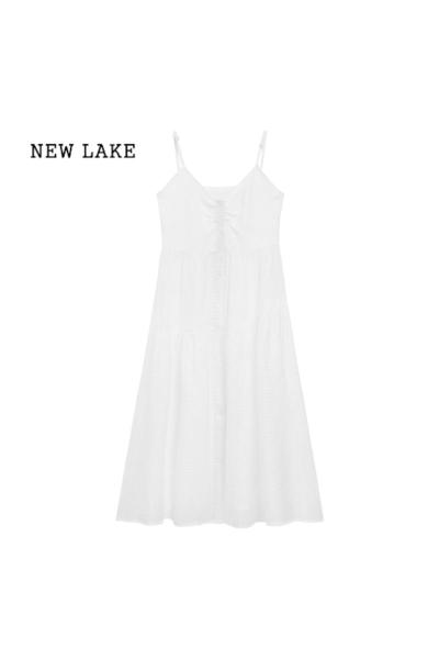 NEW LAKE叠穿透视网纱吊带连衣裙女早春设计感气质白色仙女裙宽松别致长裙