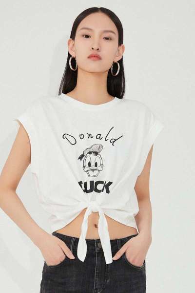 迪士尼联名唐老鸭MECITY女装2021夏季新款休闲时尚系带短袖T恤女
